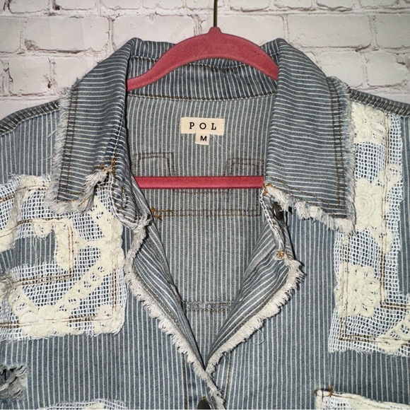 POL Lace & Crochet Patch Relaxed Fit Striped Denim Shacket, Size Medium - Picture 8 of 16